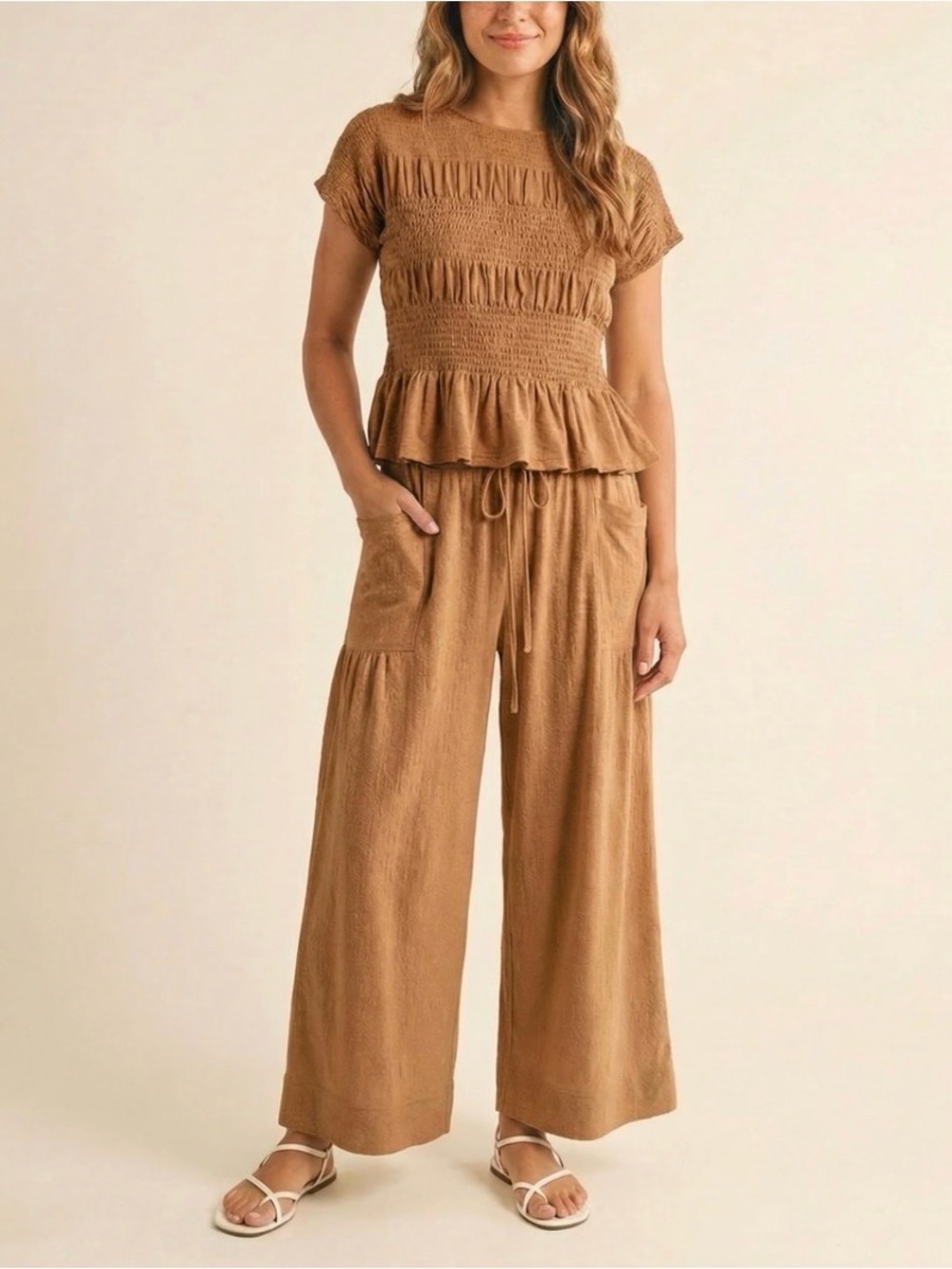 NWT Loma Women’s Brown “Terre” Two Piece Set-Smocked Bodice and wide leg pants